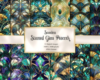 Stained Glass Peacock Digital paper, seamless printable textures printable scrapbook paper