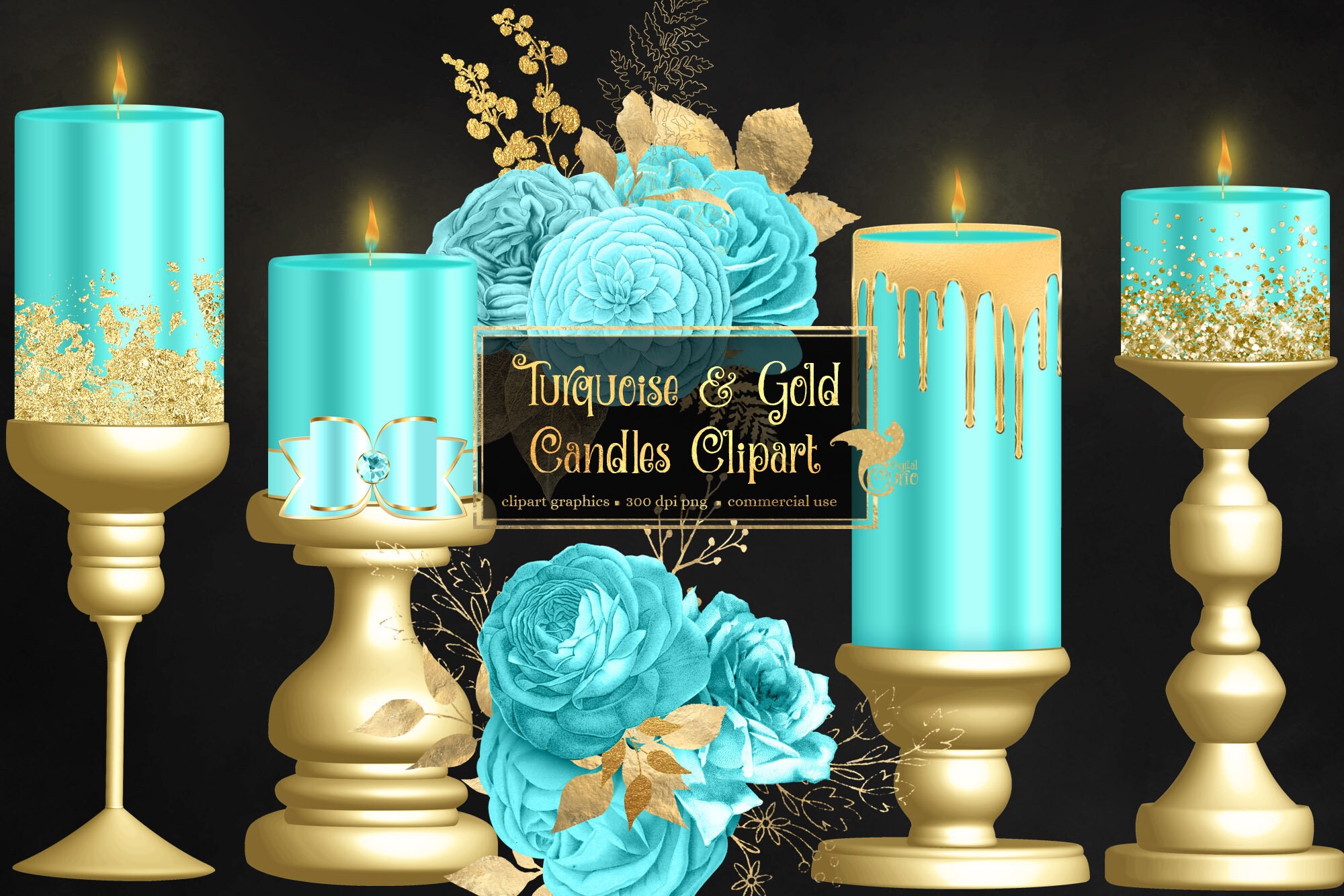 kooi Oude man Retoucheren Turquoise and Gold Candles Clip Art digital candle graphics - Etsy België