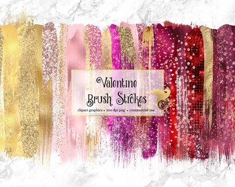 Valentine Brush Strokes Clipart, Pink Glitter, Gold Foil (Digital PNG)
