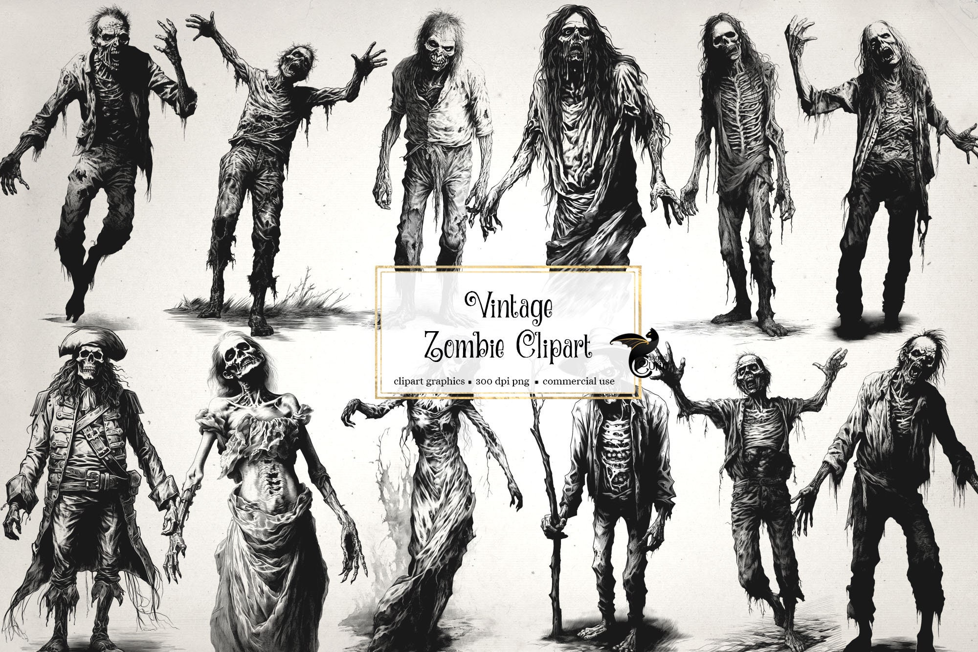 Vintage Zombie Clipart, Antique Halloween Clip Art Graphics