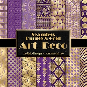 Lila und Gold Art Deco Digitales Papier, nahtlose Deco Muster mit geometrischen Designs in lila sofortiger Download für kommerzielle Nutzung