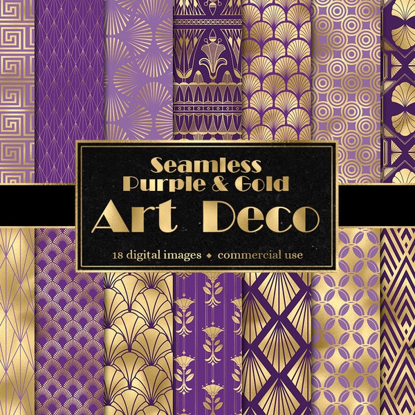 Purple and Gold Art Deco Digital Paper, seamless deco patterns with geometric designs in purple instant download for commercial use
