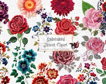May include: Embroidered floral clipart featuring a variety of flowers in red, pink, blue, and green hues. The flowers are arranged in a whimsical pattern on a white background. The text "Embroidered Flowers Clipart" is displayed in a gold frame.