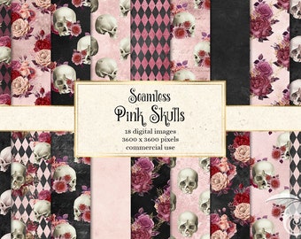 Pink Skull Digital Paper, Gothic Floral Patterns (Seamless, Commercial Use)