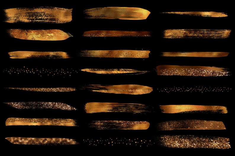 May include: A set of 12 gold glitter and paint brushstrokes on a black background. The brushstrokes are in various sizes and shapes, and some have a glittery finish.