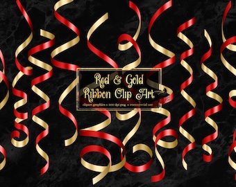 Red and Gold Ribbon Clip Art – Shimmery PNG Graphics (Digital Download)