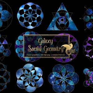 Peut inclure: Une collection de motifs de géométrie sacrée sur le thème de la galaxie. Chaque motif présente des motifs célestes dans des tons de bleu, de violet et d'or, sur fond noir. Les motifs comprennent des cercles, des triangles et d'autres formes géométriques.