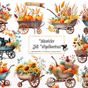 May include: A set of ten watercolor illustrations of fall wheelbarrows filled with pumpkins, sunflowers, leaves, and other autumnal elements. The illustrations are perfect for creating fall-themed crafts, cards, and other projects.