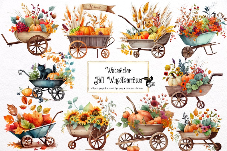 May include: A set of ten watercolor illustrations of fall wheelbarrows filled with pumpkins, sunflowers, leaves, and other autumnal elements. The illustrations are perfect for creating fall-themed crafts, cards, and other projects.