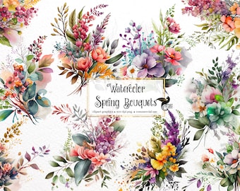 Watercolor Spring Bouquets Clipart - floral corner PNG format instant download for commercial use