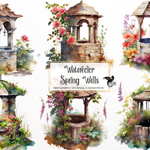 Aquarell Springbrunnen Clipart - Frühling niedliche kleine Wunschbrunnen PNG format sofortiger Download für kommerzielle Nutzung