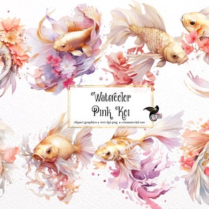 Watercolor Pink Koi Clipart, Japanese floral koi fish in pink and gold, PNG clip art graphics instant download for commercial use
