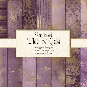 Distressed Lilac and Gold Digital Paper, vintage grunge shabby purple and gold backgrounds, rustic wedding textures instant download