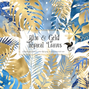 Clipart de folhas tropicais azuis e douradas, gráficos de clipart de folhas tropicais em folha de ouro e download instantâneo de moldura PNG para uso comercial