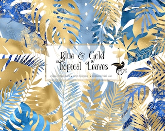 Imágenes prediseñadas de hojas tropicales en azul y dorado metalizado, gráficos PNG (descarga digital)