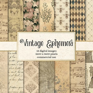 Carta digitale vintage Ephemera, texture effimere digitali antiche, carta stampabile per scrapbooking, decoupage, uso commerciale papercraft