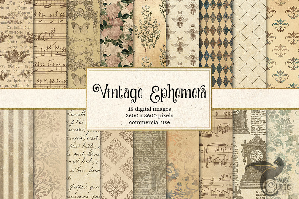 Vintage Ephemera digital paper, antique digital ephemera textures, printable paper for scrapbooking, decoupage, papercraft commercial use