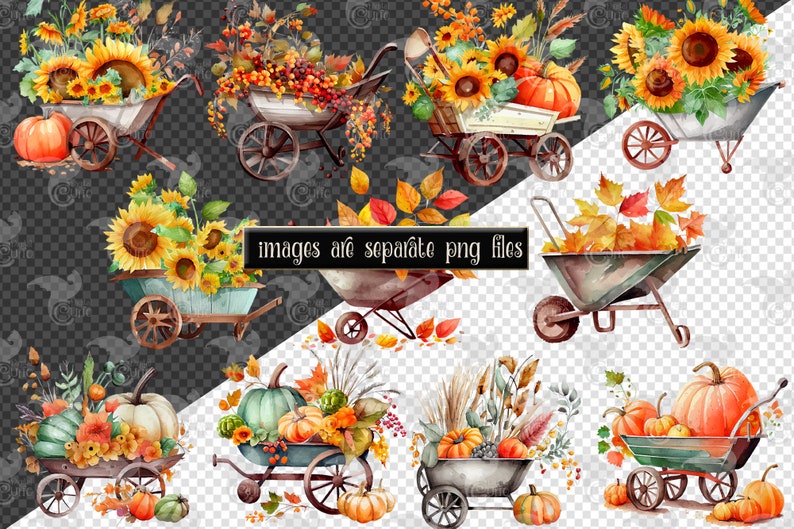 May include: A set of ten watercolor illustrations of wheelbarrows filled with autumnal items. The wheelbarrows are filled with pumpkins, sunflowers, fall leaves, and berries. The illustrations are on a transparent background.