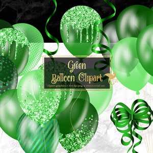 Grüne Luftballons Clipart, Glitzerballon png digitale Überlagerungen mit Band für Geburtstage sofortiger Download kommerzielle Nutzung