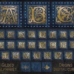 Clipart Alphabet doré bleu, clipart monogramme Antique décoratif, téléchargement de graphiques alphabet or ornemental gothique vintage
