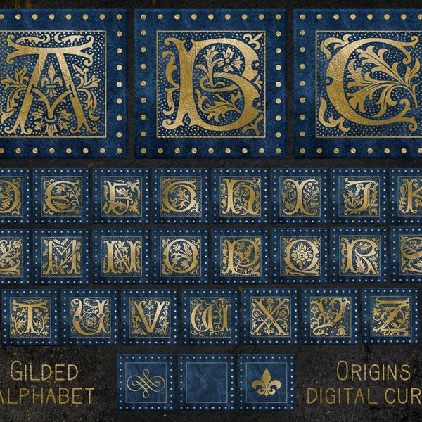 Blue Gilded Alphabet Clipart, Decorative Antique monogram clip art, vintage gothic ornamental gold alphabet graphics download