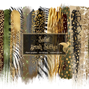 Puede incluir: Un conjunto de trazos de pincel digitales con varios patrones de estampado animal en dorado, negro, blanco, marrón y verde. Los patrones incluyen estampados de cebra, leopardo, jirafa y guepardo. El texto "Safari Brush Strokes" está incluido en la imagen.