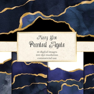 Navy Blue Painted Agate Borders, digital watercolor geode PNG overlays with gold foil for instant download commercial use