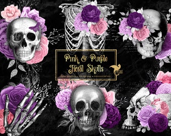 May include: Digital clipart graphics of four floral skull designs. Each skull is adorned with pink and purple flowers and leaves. The text "Pink & Purple Floral Skulls" is displayed in a gold frame.