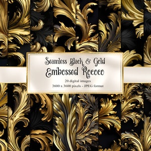 May include: A set of 20 digital seamless patterns featuring a black and gold embossed rococo design. Each pattern is 3600 x 3600 pixels and in JPEG format.