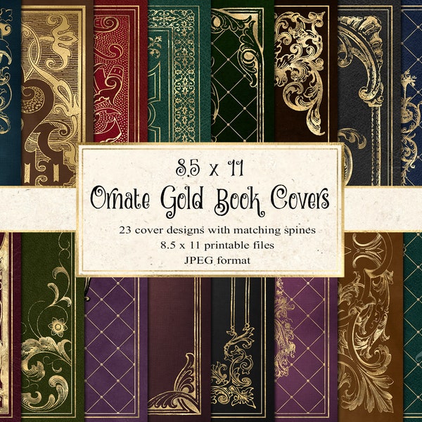 Ornate Gold Book Covers, printable decorative gilded book covers 8.5 x 11 instant download digital sheets for commercial use