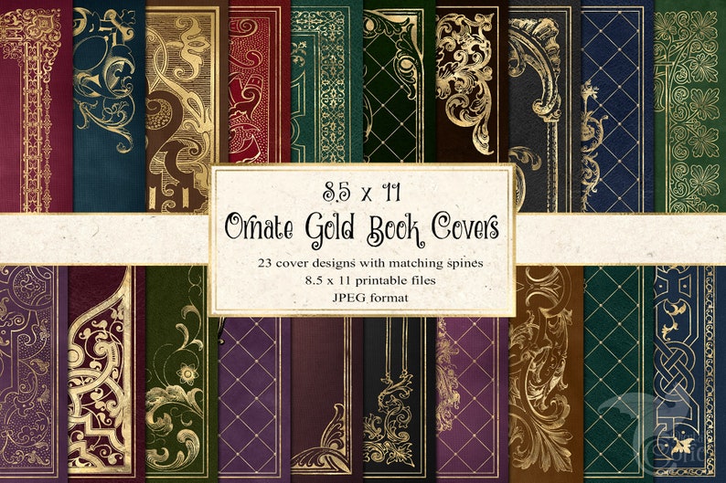 Ornate Gold Book Covers, printable decorative gilded book covers 8.5 x 11 instant download digital sheets for commercial use image 1
