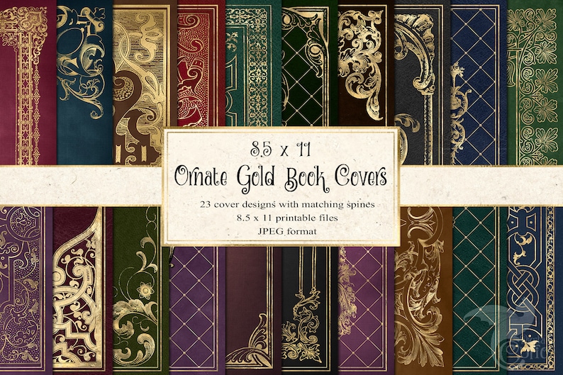 Ornate Gold Book Covers, printable decorative gilded book covers 8.5 x 11 instant download digital sheets for commercial use image 1