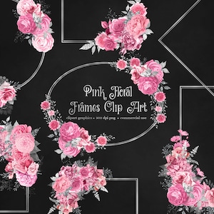 Pink and Silver Floral Frames Clipart, silver glitter frame clip art digital instant download for commercial use