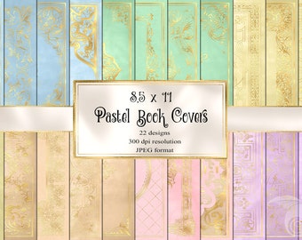 Pastel Book Covers, printable decorative gilded book covers 8.5 x 11 instant download digital sheets for commercial use
