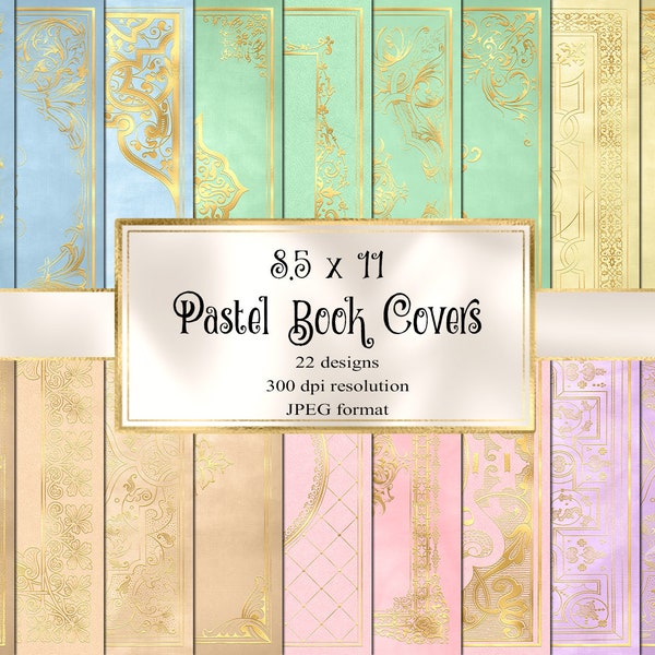 Pastel Book Covers, cubiertas de libros doradas decorativas imprimibles 8.5 x 11 hojas digitales de descarga instantánea para uso comercial