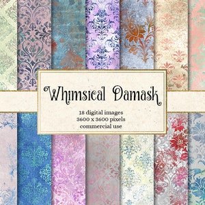 Whimsical Damask Digital Paper, light distressed grungy Gothic Victorian backgrounds, printable scrapbook paper, floral damask download