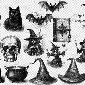 May include: A collection of black and white vintage illustrations featuring Halloween themes. The images include a witch, a cauldron, a skull, a pumpkin, a bat, a crescent moon, a book, a broom, and a witch's hat.