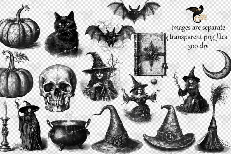 May include: A collection of black and white vintage illustrations featuring Halloween themes. The images include a witch, a cauldron, a skull, a pumpkin, a bat, a crescent moon, a book, a broom, and a witch's hat.