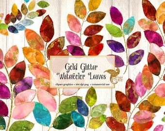 Gold Glitter Watercolor Leaves Clipart, gold glitter fall leaf clip art graphics, leaf clipart, watercolor watercolour autumn leaves png