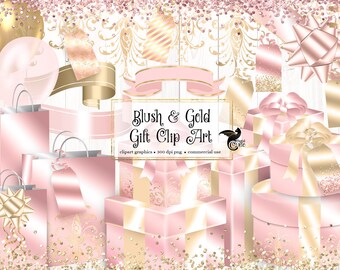 May include: Blush and gold gift clip art graphics. The set includes gift boxes, gift bags, bows, ribbons, and confetti. The graphics are perfect for creating invitations, cards, and other party decorations.