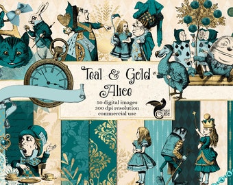Teal and Gold Alice Digital Scrapbooking Kit, instant download Alice's Adventures in Wonderland digital paper and clipart