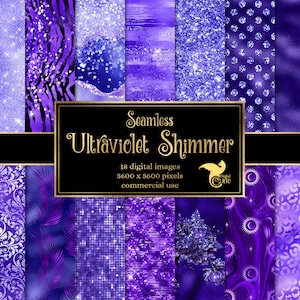 Pode incluir: Um conjunto de 18 padrões digitais sem costura em tons de roxo e azul com efeitos de brilho e brilho. Os padrões incluem formas geométricas, desenhos florais e texturas abstratas. O texto "Seamless Ultraviolet Shimmer" é exibido em uma faixa preta. 18 imagens digitais, 3600 x 3600 pixels, uso comercial.