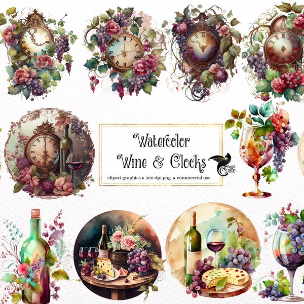 Watercolor Wine and Clocks Clipart - digital png wine grapes, red and white wine celebration graphics for instant download commercial use