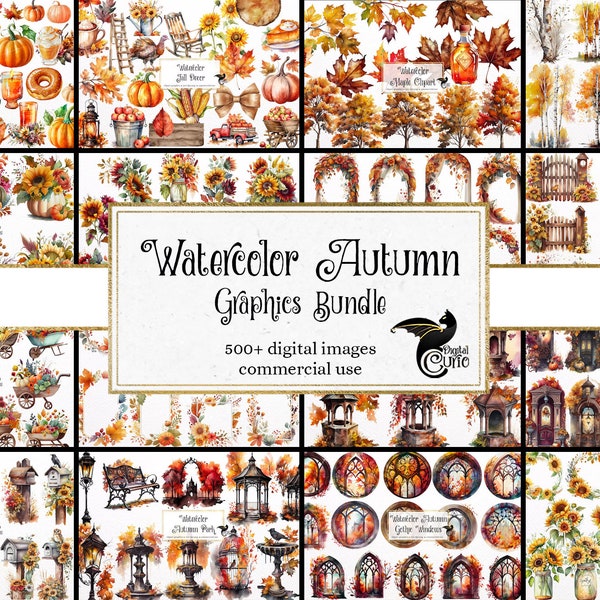 Watercolor Autumn Graphics Bundle, fall graphics in PNG format for commercial use