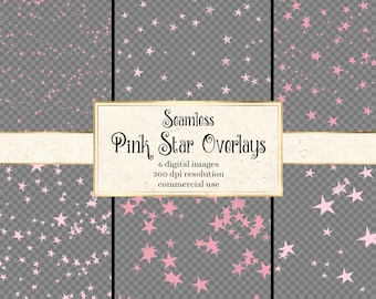 Seamless Pink Star Overlays, starry night star patterns in PNG format with transparent backgrounds instant download commercial use