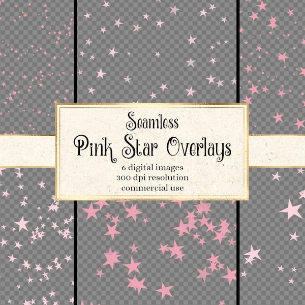 Seamless Pink Star Overlays, starry night star patterns in PNG format with transparent backgrounds instant download commercial use