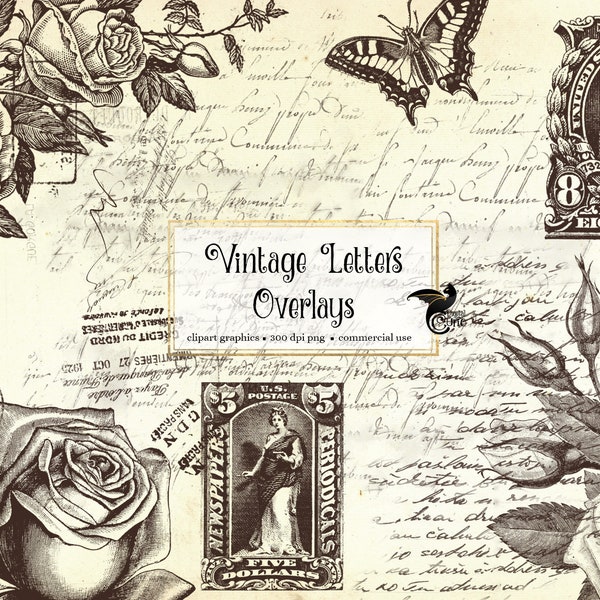 Vintage Buchstaben Overlays, digitale antike Handschrift PNG Überlagerung Clipart für Junk Journals Decoupage digitale Scrapbooking