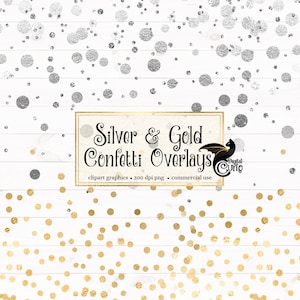Zilveren en gouden confetti overlays clipart, goud folie, zilveren glitter cirkels, polka dot clip art, kerstuitnodigingen, digitale bruiloften