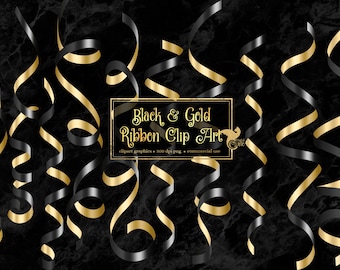 May include: Black and gold ribbon clip art.  Clipart graphics, 300 dpi png, commercial use.