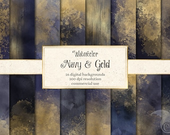 Watercolor Navy and Gold Backgrounds - watercolour paint textures for instant download commercial use